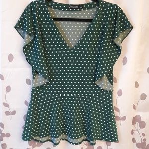 New York & Company green & white polka dot blouse